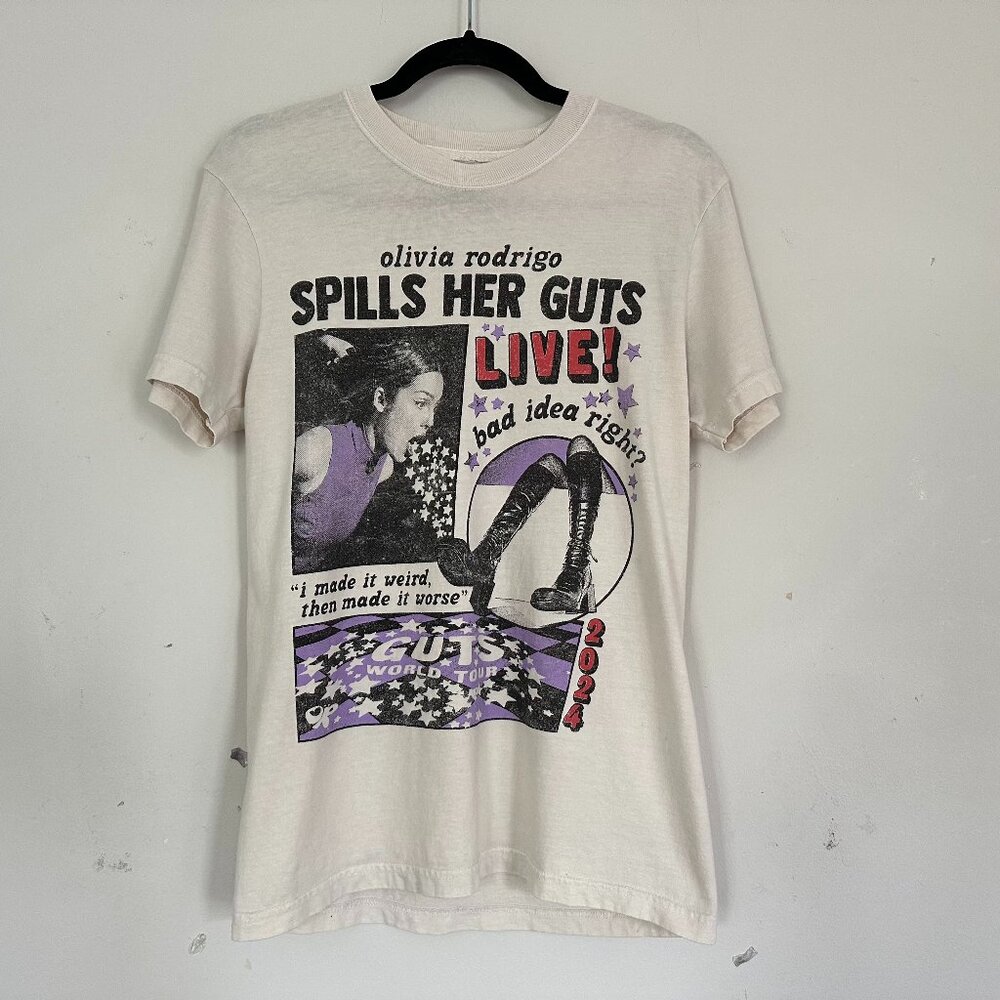 Olivia Rodrigo Official Merchandise Cream Spills Her Guts Live T Shirt Unisex S